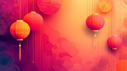 Poster - Vibrant gradient background with modern clean patterns and decorative ornamental details for Lunar New Year Chinese festival with lanterns abstract geometric design and oriental cultural elements