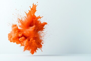 Poster - Dramatic Burst of Vibrant Orange Liquid Suspended in the Air Captured Against a Pristine White Backdrop Showcasing the Ephemeral Beauty of a Fleeting Moment with Crystalline Clarity