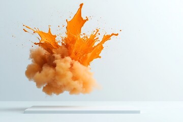 Poster - Explosive burst of vibrant orange liquid dramatically suspended on a pristine white backdrop an abstract photograph capturing the ephemeral beauty of the fleeting moment with crystalline clarity
