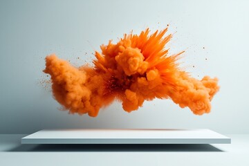 Poster - Vivid orange liquid detonation exploding forcefully across a clean monochrome white plane generating a captivating abstract image brimming with dynamic movement and vibrant chromatic interplay
