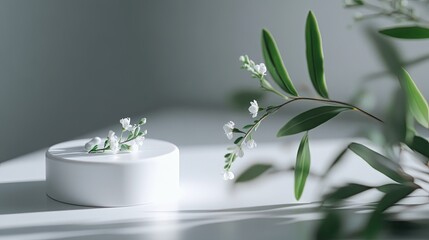 Wall Mural - White flowers and leaves on a minimalist display. Ideal for beauty or wellness product advertising.