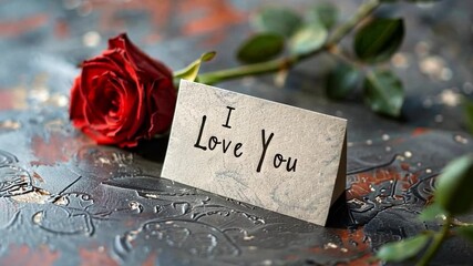 Aufkleber - A bright red rose rests beside a card that expresses love through the simple yet impactful words I Love You, set on an intricate textured surface, perfect for romantic moments.
