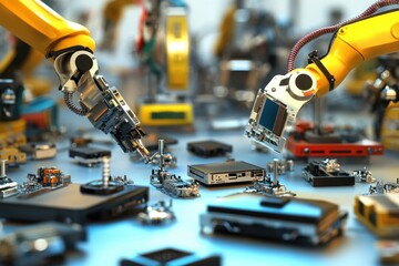 Poster - Robotic arms assembling electronic components in a modern manufacturing facility