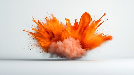 Poster - Striking orange fluid frozen in time on a blank white surface highlighting vivid color and captivating motion  Dynamic liquid explosion captured with high speed photography