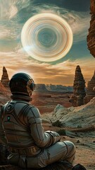 Wall Mural - astronaut meditating in alien planet desert landscape observing a ringed planet