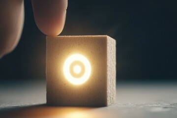 Poster - Hand Touching Illuminated Cube with Circular Light Source in Dark Environment