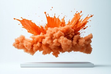 Poster - Frozen Burst of Vibrant Orange Fluid Explosion on a Clinical White Backdrop   Captivating Abstract Image Brimming with Color Energy and Dynamism Showcasing Avant Garde Modernist Style and Visual