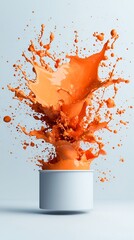 Poster - Explosive Orange Fluid Dramatically Captured Against a Clean White Backdrop Exhibiting Vivid Hues and Captivating Fluidity