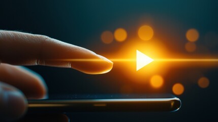Poster - Close-Up of Finger Touching Smartphone Screen with Light Effect and Abstract Background