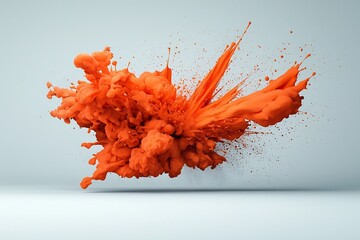 Poster - Vivid orange liquid detonation exploding across a clean monochrome white plane generating a captivating abstract image brimming with dynamic movement and vibrant chromatic interplay
