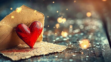 Aufkleber - A striking red heart sits atop an aged letter, illuminated by softly glowing bokeh lights in the background. This creates a romantic atmosphere perfect for expressing love.