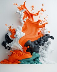 Poster - Dramatic liquid explosion frozen in time on a pristine white background showcasing vibrant orange color and captivating movement with dramatic chiaroscuro lighting in a surreal