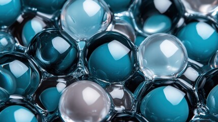 Aufkleber - This image captures a vibrant arrangement of glossy spheres in varying shades of blue and gray, showcasing reflections and dynamic light in a captivating manner.