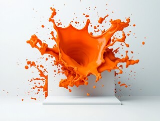Poster - Captivating orange liquid explosion cascades dynamically across a pristine white backdrop creating a mesmerizing abstract composition with vibrant hues and captivating movement showcasing a soft