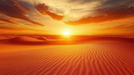 Poster - Golden rays dance across shifting sand dunes as twilight descends on the desert landscape. The horizon blazes with warm hues, embracing a tranquil serenity