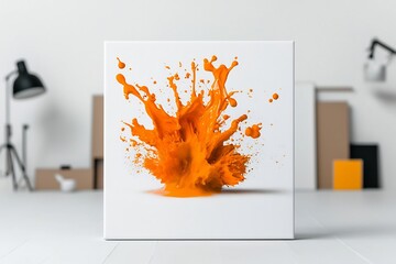 Poster - Explosive orange liquid eruption dramatically immortalized within a white canvas composition