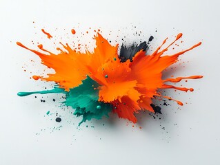 Poster - Striking orange fluid eruption frozen in time on a blank white canvas showcasing vivid color and energetic motion  An experimental photography piece with dramatic lighting