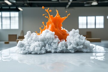 Poster - Dynamically Frozen Orange Fluid Splash on Pristine White Surface Modernist Abstract Visual Capture with High Speed Texture Bright Open Studio