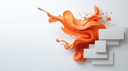 Poster - Energetic orange liquid shapes suspended in midair undulating and twisting with dynamic motion against a clean white canvas backdrop
