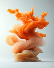 Poster - Dramatic frozen suspension of vibrant orange fluid captured in a captivating high speed abstract photography setting with a clean white background producing a visually striking futuristic
