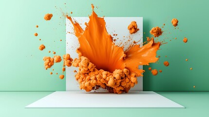Poster - Dramatic orange liquid eruption frozen in time on a pristine white backdrop an abstract expressionist study in movement and color cinematic medium format film photography vivid and textural