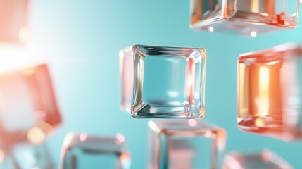 Aufkleber - A collection of floating glass cubes against a blue backdrop, creating an abstract visual effect, symbolizing clarity and modernity in design.