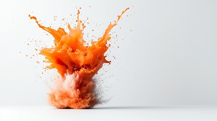 Poster - Suspended Vibrant Orange Liquid Explosion Frozen in a Captivating Cinematic Moment Against a Crisp White Studio Backdrop