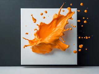 Poster - Captivating midair suspension of dynamic orange liquid shapes on a pristine white canvas showcasing the power of fluid dynamics through masterful high speed photographic techniques exuding a sleek