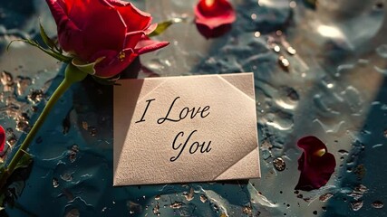 Aufkleber - A delicate red rose lies beside a note expressing deep affection. Petals scattered around enhance the romantic ambiance of this intimate moment. Soft light adds warmth to the arrangement.