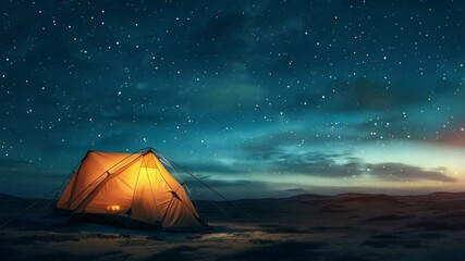 Wall Mural - tent with lights in the desert over night sky background with copy space