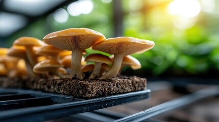 Poster - A serene composition of mushrooms set against a dark background, creating a striking contrast that highlights their natural beauty and delicate forms bathed in soft light.