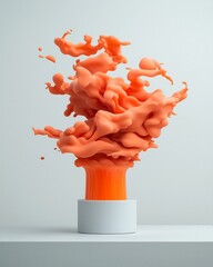 Poster - Captivating orange liquid sculptures levitating in space on a crisp white surface forming a hypnotic abstract art design with vivid tones