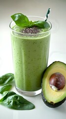 Poster - Glass of blended green smoothie decorated with basil and chia seeds, served with spinach leaves and half an avocado on white background promoting healthy eating habits