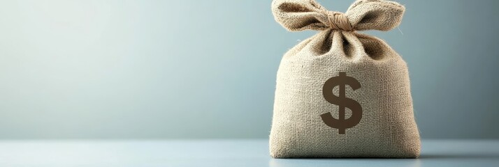 Aufkleber - Tied money bag with a dollar sign printed on it sits on a surface, representing savings, investment, and financial security
