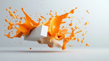 Poster - Levitating Liquid Sculptures Bursting Vibrant Orange Liquid Shapes Suspended in Midair on a Pure White Background
