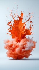 Poster - Dynamically captured explosion of vivid viscous orange fluid dramatically pouring and splashing against a clean white backdrop