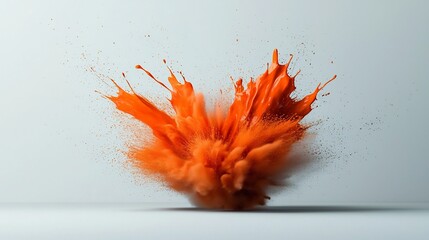 Poster - Striking orange fluid frozen in time on a blank white surface highlighting vivid color and captivating motion  Dynamic liquid explosion captured with high speed photography