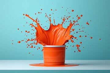 Poster - Captivating orange fluid splash elegantly suspended on a bright white plane creating a mesmerizing abstract visual with bold vibrant hues and moody dramatic lighting