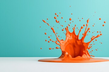 Poster - Dramatic and visually stunning abstract motion photography capturing a powerful orange fluid splash dramatically captured on a crisp white surface creating dynamic movement vivid color