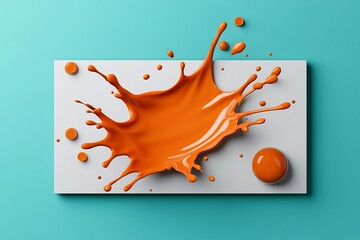 Poster - Captivating suspended orange fluid splash elegantly hovering on a bright white plane creating a mesmerizing abstract visual with bold vibrant hues and a modern minimalist aesthetic in photographic