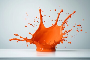 Poster - Intense and Vibrant Orange Fluid Splash Dramatically Captured on a Crisp White Surface Creating a Visually Stunning Abstract Photograph with Dynamic Movement and High Speed Photographic Techniques