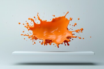 Poster - Captivating Orange Fluid Splash Elegantly Suspended on Bright White Plane Creating Mesmerizing Abstract Visual with Bold Vibrant Hues Moody Dramatic Lighting and Modern Minimalist Aesthetic