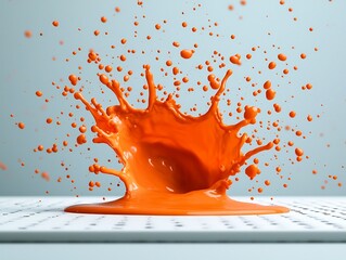 Poster - Striking abstract photograph capturing the dynamic motion and vibrant hues of an orange fluid splash dramatically frozen in time against a crisp white background