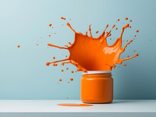 Poster - Energetic orange liquid splash dramatically captured on a crisp white surface creating a visually stunning abstract image with vibrant hues high speed photographic technique