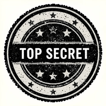 Black circular top secret stamp with bold text, stars, and confidential company branding for an official secure design.