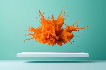 Poster - Whimsical orange liquid explosion dynamically suspended on a pristine white surface forming a captivating abstract artwork bursting with vivid chromatic intensity