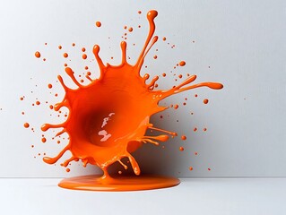 Poster - Captivating Orange Liquid Splash Immortalized on Crisp White Surface Creating a Visually Stunning Abstract Image with Vibrant Hues Experimental Liquid Art Photography