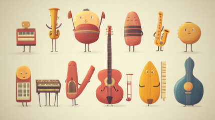 Wall Mural - cartoon musical instrument characters and personages. Vector maracas, violin, guitar and vuvuzela, harp, double bass or grand piano. Castanets, tambourine, saxophone and banjo with trumpet or flute