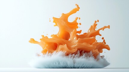 Poster - Suspended Vibrant Orange Liquid Frozen in Mesmerizing Cinematic Composition Against Crisp White Backdrop Creating a Striking Abstract Studio Shot with Detailed Clarity and Contemporary Aesthetic