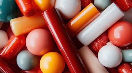 Poster - This image showcases an assortment of vibrant, abstract shapes and objects, featuring various colors and textures that create a dynamic composition of visual interest.